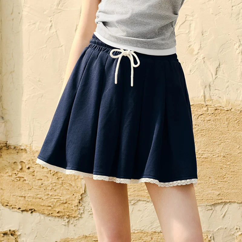 Semir Midi Skirt Women Lace Fringe Pleated Skirt Gentle 2025 New Summer Elastic Waist Short Skirt Sweet for Summer Walks
