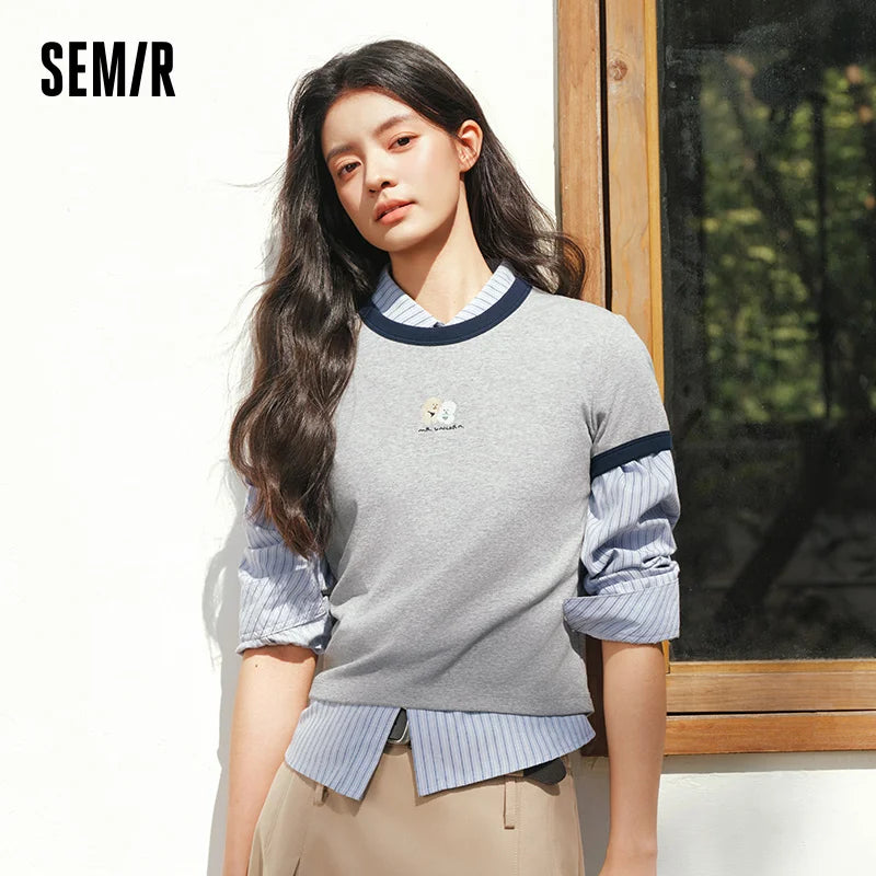 Semir Women Tshirt Cropped Slim Contrast Short Sleeve Summer 2026 Casual Graphic Print Everyday Fashion Top Tee