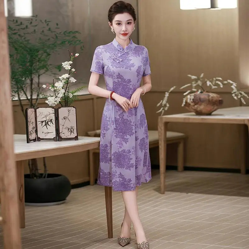 រ៉ូប Cheongsam រដូវក្តៅ កអាវផ្កាបាក់ សម្លៀកបំពាក់នារី រ៉ូបចង្កេះរាងអក្សរ A បែបចិនបុរាណ