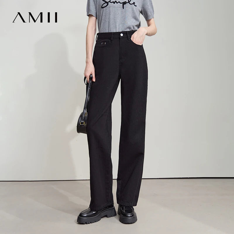 AMII Minimalist 2026 Autumn New Arrival Pants Minimalism Retro Casual Office Lady Pure Cotton Jeans Women Denim Trouser 12543141
