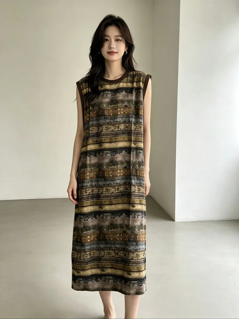 Large Size Cotton Silk Sleeveless Dress Women's Loose Polka Dots Leopard Print Nightdress Loungewear Round Neck Nightgowns