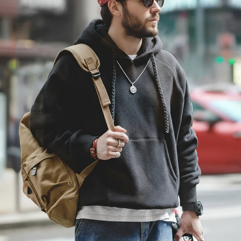 Maden 2024 Autumn Winter Casual Heavyweight Hoodie Men's Black Versatile Thickened Fleece Pullover Loose Warm Hooded Sweatshirt