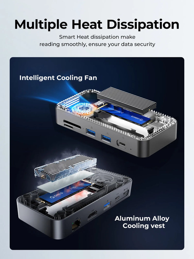 ORICO M.2 NVMe SATA SSD Enclosure Type-C HUB with Cooling Fan External 10Gbps 4K 60Hz HDMI-Com RJ45 SD/TF Docking Station