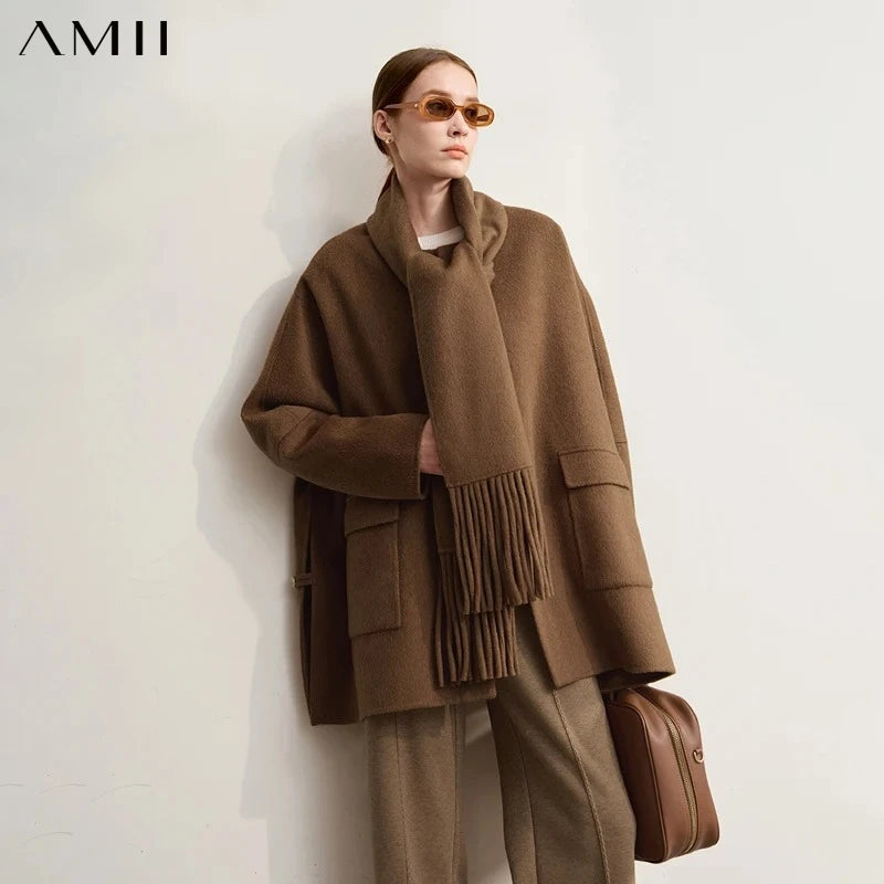 Amii Women's Coat 2026 Winter New Minimalism Loose Warm Women's Wool Coat O-Neck Long Sleeves Versatile Clothing Female 12554022