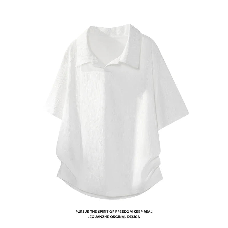 Male Loose Fit Wrinkle Textured Short Sleeve Shirt Lapel V Notch Neck Airy Fabric For Commute And Leisure Occasions