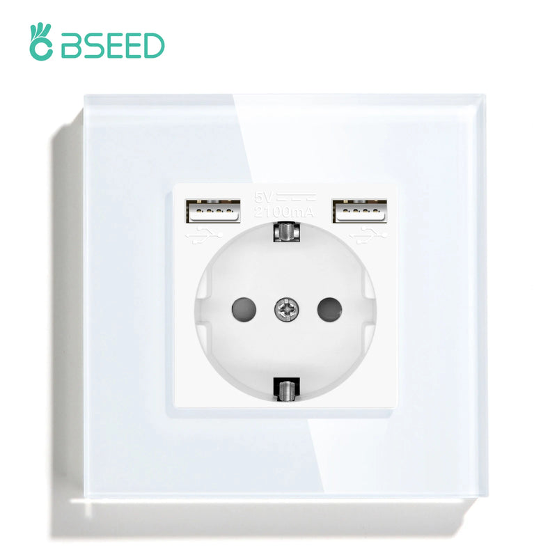 BSEED EU Standard Wall Sockets Single Power Outlets Double Frame Sockets Glass Panel Triple Plug Sockets Kids Protection 16A