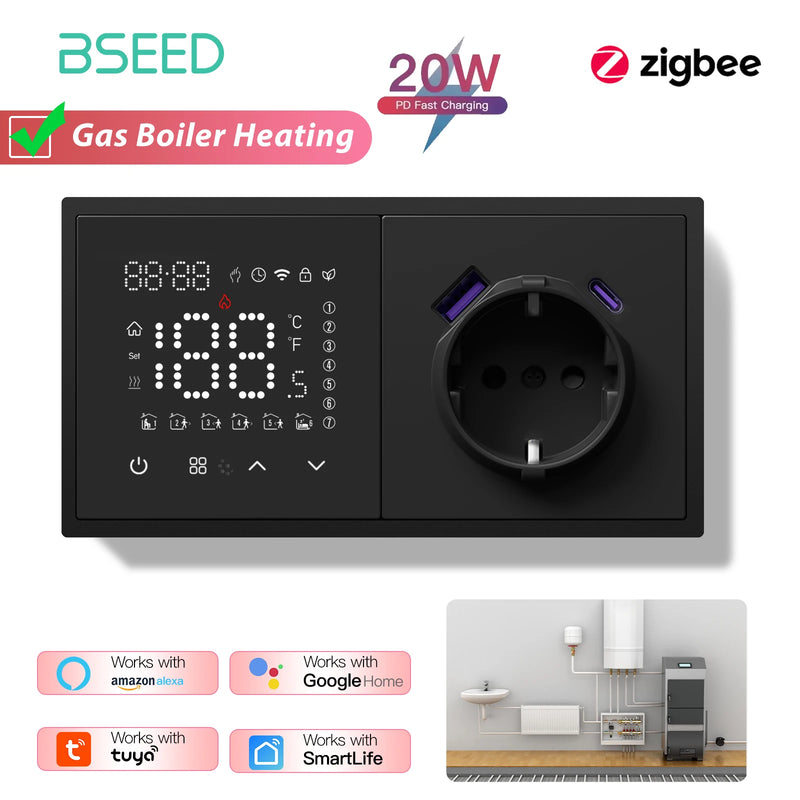 BSEED Zigbee Thermostat Smart Electric Floor Heating Water Boiler With Socket Alexa Google Temperature Controller Plastic Frame