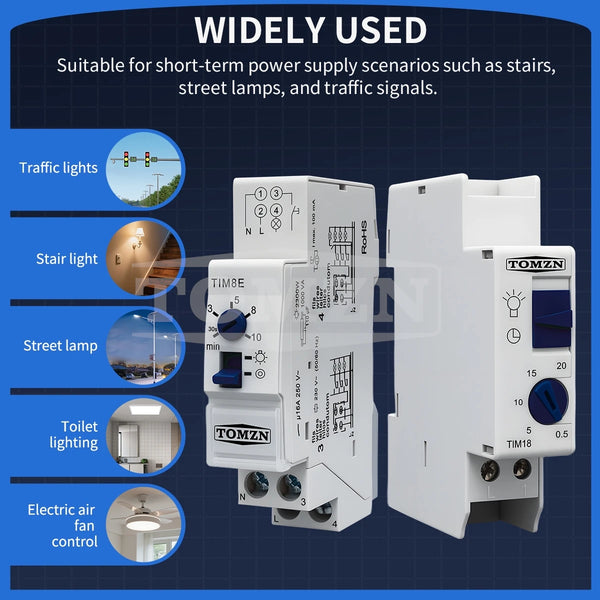 TOMZN DIN Rail Staircase Timer Switch – Delay-On/Off Relay, 0.5–20 Min, Momentary Switch, for Circuit Breaker & Street Lamp