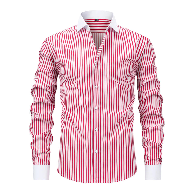 Men's Long-sleeve Stretch Shirt with Black-White Stripes; Suitable for Weddings/Parties/Business/Casual Wear; Red, Blue, Yellow.
