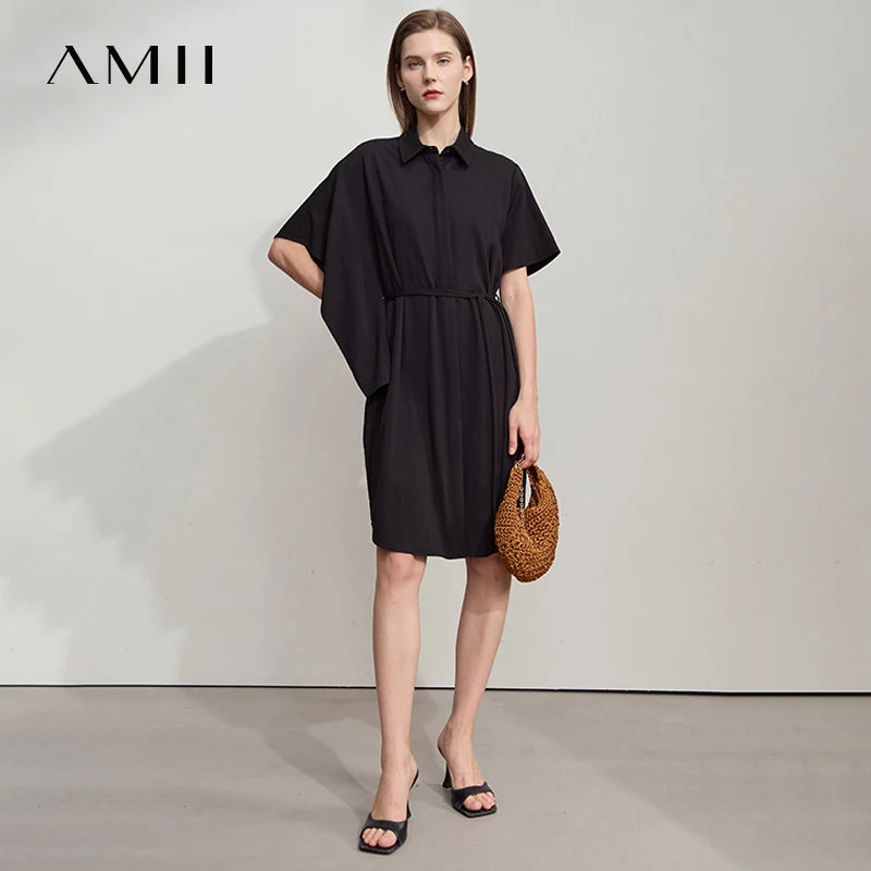 Amii Women's Dress 2026 Summer Turn-down Collar Pleated Asymmetric Batman with Belt Loose Diagonal Female Midi Dress 12512041