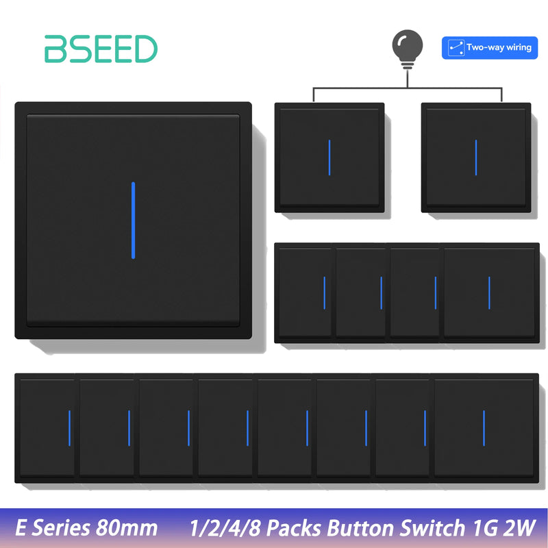 BSEED E Series 1/2/4/8 Packs 1Gang 2Way Button Light Switch Plastic Frame Wall Light Switch On Off For Stairs LED Backlight