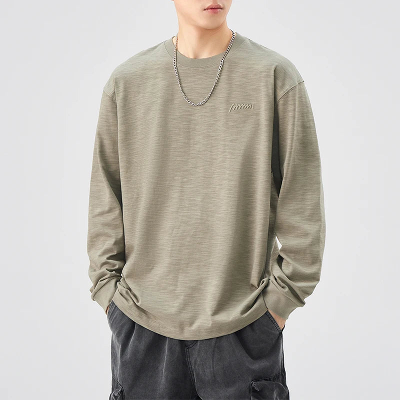 DUKEEN Heavyweight Slub Cotton Long Sleeve T-Shirt for Men Spring and Autumn Pure Cotton Crew-Neck Embroidered Tops Oversize