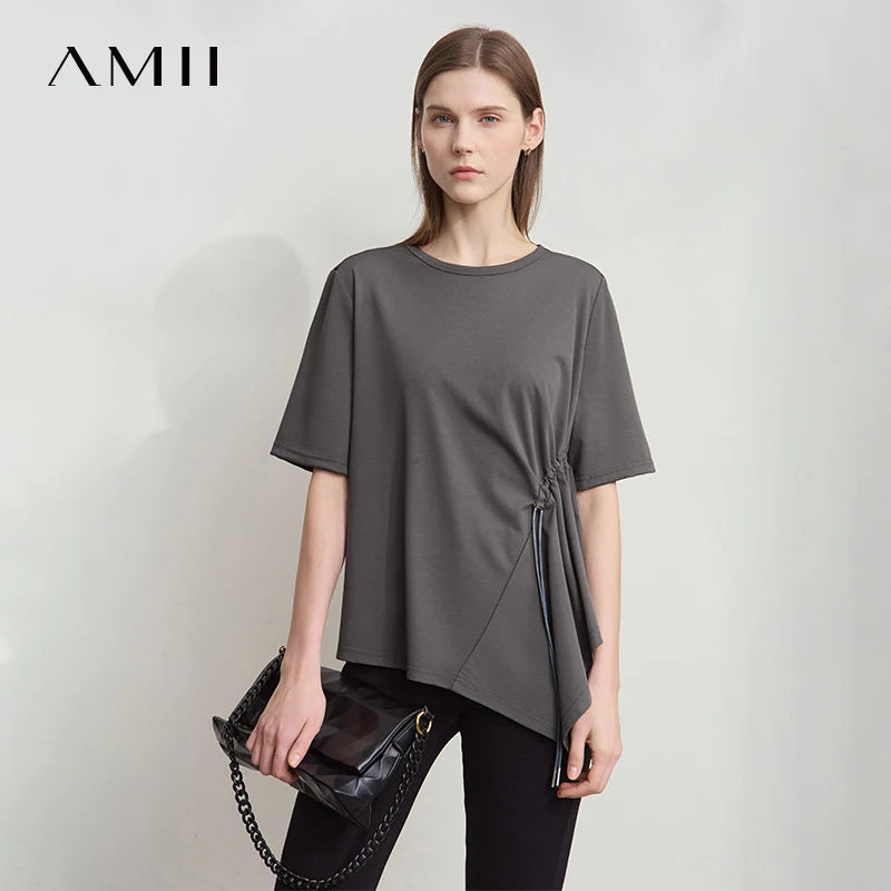 អាវយឺតរដូវក្តៅ AMII Minimalist សម្រាប់ស្ត្រីឆ្នាំ ២០២៥ កមូលដៃខ្លីរលុងអាវស្ត្រីម៉ូដថ្មីការិយាល័យ 12522042