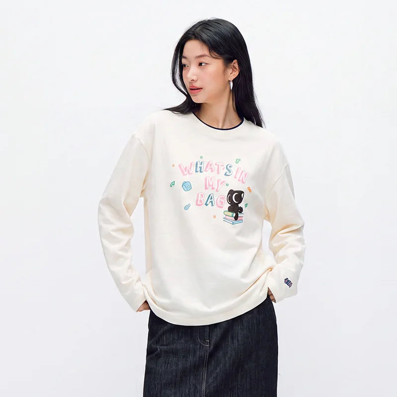 Semir Women Tshirt Cotton Fabric Color Block Long Sleeve Oversized Fit Mid Length Retro Style 2026 Autumn Soft Comfort