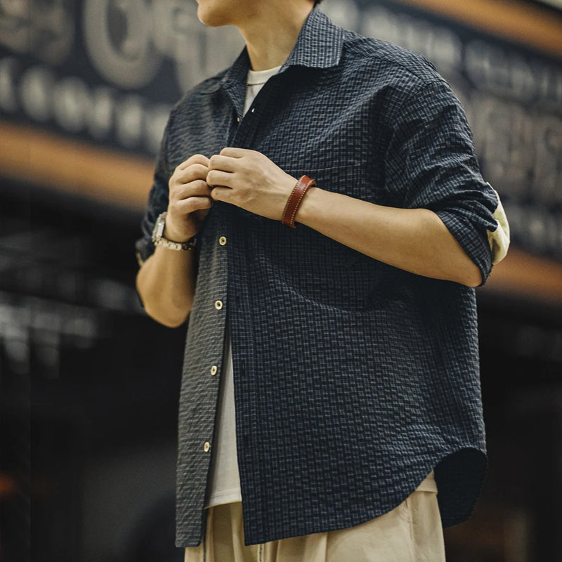 អាវយឺតដៃវែង Maden Retro Seersucker Plaid មានលំនាំ Lapel Splicing Single-Breasted Design សម្រាប់រដូវស្លឹកឈើជ្រុះរបស់បុរស
