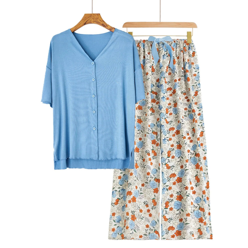 new Summer pajamas set Short sleeve Home suit for women pajama Short Sleeve+Pants Two Piece Thin night wear female nightwear