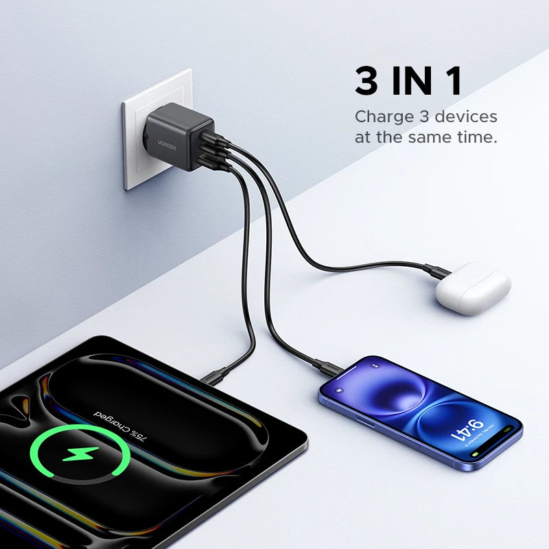 UGREEN 30W GaN Charger 3 Ports PD 3.0 USB C Charger For iPhone 18 17 16 Pro Samsung S25 Xiaomi Tablet iPad Air Pro Phone Charger