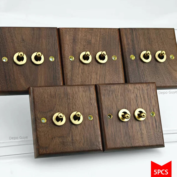 5/10 PCS Retro Europe Black Walnut Wall Toggle LightSwitch Panel 1-4Gang 2Way Solid Wood,Antique Home Stay Switch