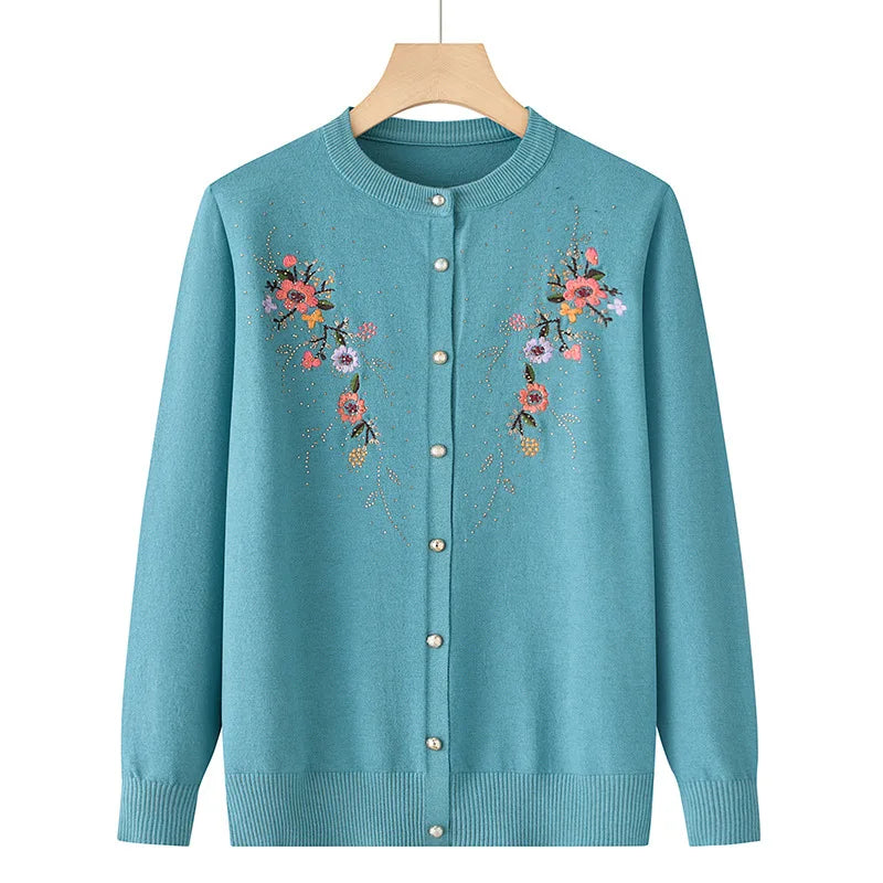 Middle-aged And Elderly Women's Embroidery Knit Cardigan Jacket Single-breasted Slim Sweater Coat Spring Autumn Grandma Clothing
