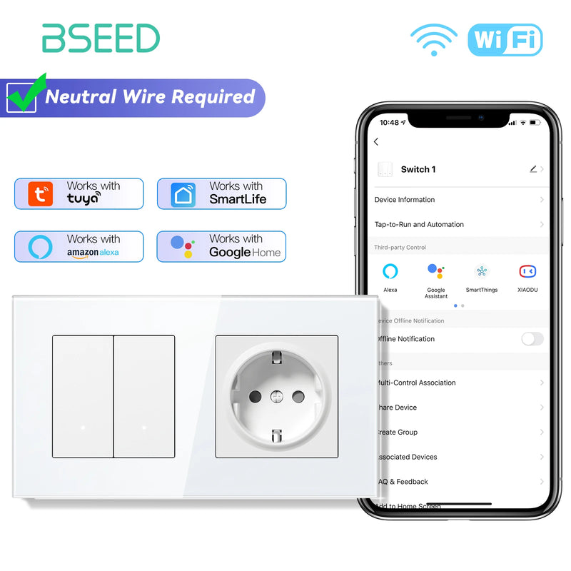 BSEED WIFI Light Switch 1/2/3Gang 2Way Smart Click Button Switch With EU Wall Socket Glass Panel Tuya Smart Life Alexa Control