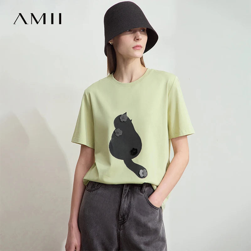 Amii Women's T-Shirt Minimalist 2026 Summer Casual Collegiate Style Slightly Elastic Short Sleeve Printed Lyocell Top 12512003