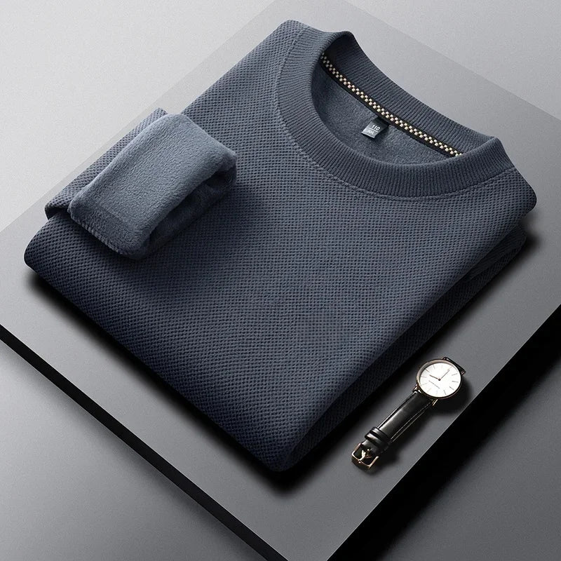 Men Thick Fleece Lined Waffle Knit Pullover Long Sleeve Crew Collar Relax Fit Warm Daily Office Wear Top