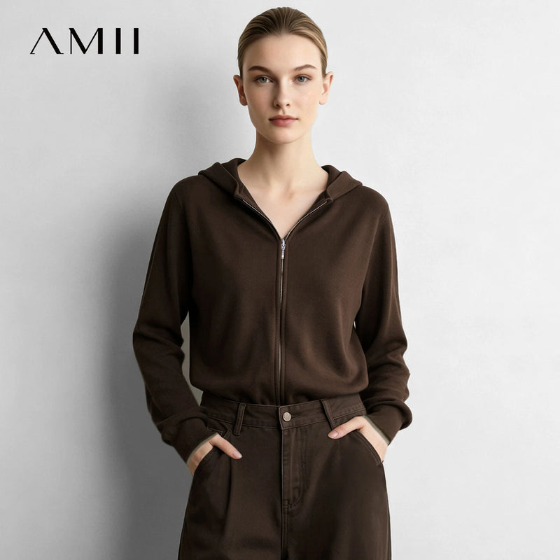 Amii Women's Striped Hooded Knit Cardigan Oversized Loose Fit Casual Commuter Minimalist Autumn 2026 Female Clothing 12643083
