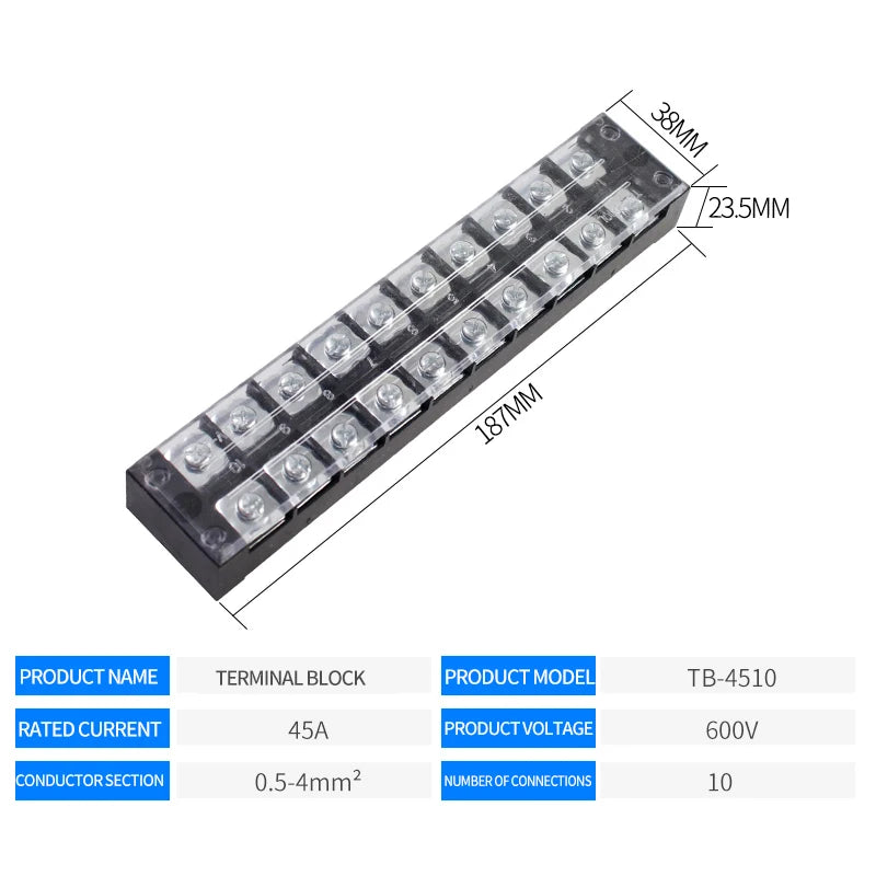 15A/25A/45A 3/4/6/8/10/12 Dual Row Barrier Screw Terminal Block Strip Wire Connector 600V Positions Optional