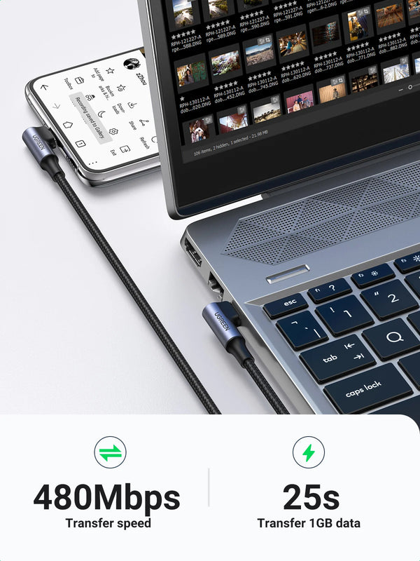 ខ្សែសាក UGREEN USB-C 90 ដឺក្រេ PD100W/60W Type-C សម្រាប់លេងហ្គេម ខ្សែសាកមុំស្តាំ 5A/3A សម្រាប់ iPhone 17/16 Samsung MacBook 0.5-3M