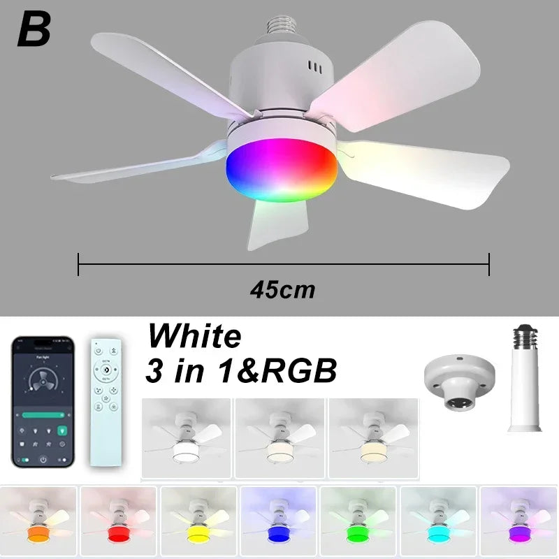 Fan Light with Remote and APP Control RGB Dimmable LED E27 Socket Ceiling Fan Modern Simple for Bedroom Kitchen Room Lighting