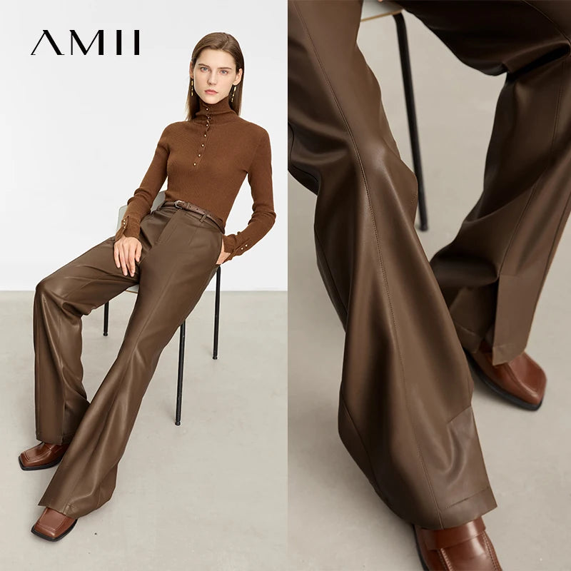 ខោ AMII ស្បែក PU សាមញ្ញសម្រាប់ស្ត្រី រដូវស្លឹកឈើជ្រុះឆ្នាំ ២០២៦ ខោរលុងប្រវែងជាន់ត្រង់សម្រាប់ស្ត្រី 12343250