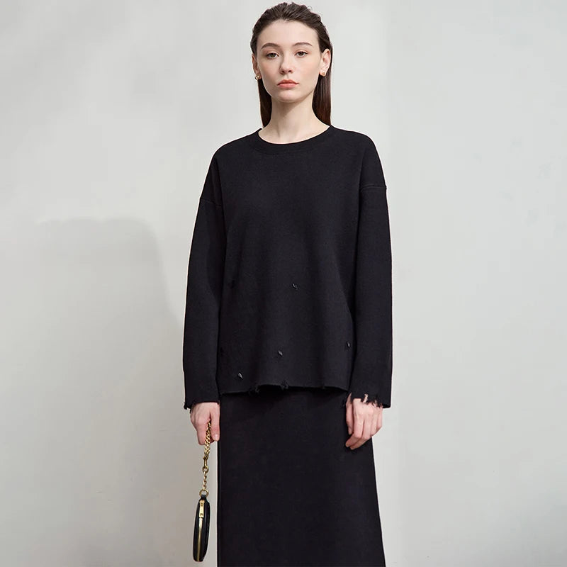 សំពត់ AMII របស់ស្ត្រី Minimalism ឆ្នាំ 2026 រដូវស្លឹកឈើជ្រុះថ្មី អាវប៉ាក់រឹង O-Neck រលុង អាវយឺតមធ្យម សម្លៀកបំពាក់ស្ត្រីដាច់ដោយឡែក 12554006