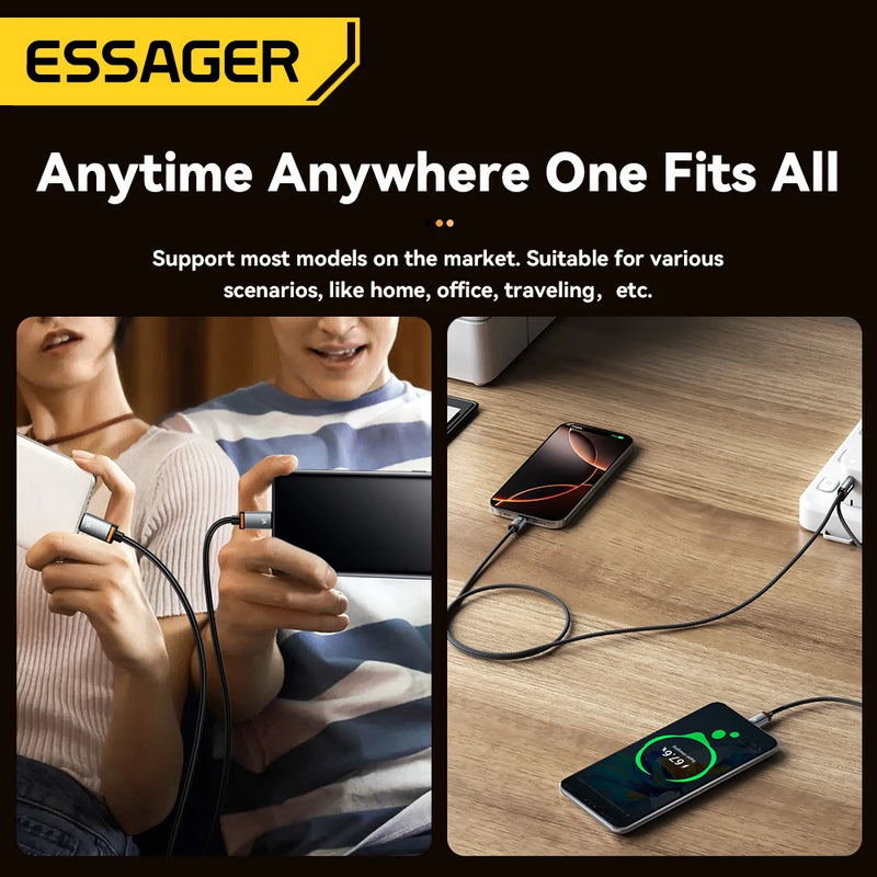ខ្សែសាក Essager 2 in 1 7A USB A ទៅ Type C ទៅ Lighting 100W PD សាកលឿនសម្រាប់ Macbook IPhone16 15 14 Samsung Xiaomi Huawei Hono
