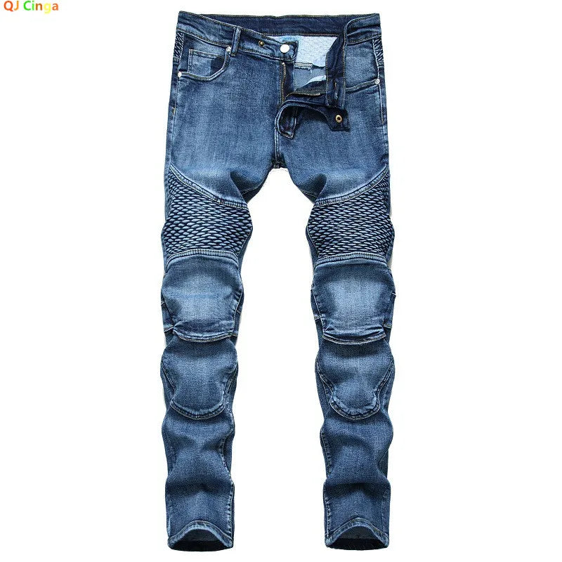2026 Men's Blue Jeans, Gray Fashion Casual Trousers, Pleated Patchwork Decorative Denim Pants Asian Sizes 29-38, 40, 42.