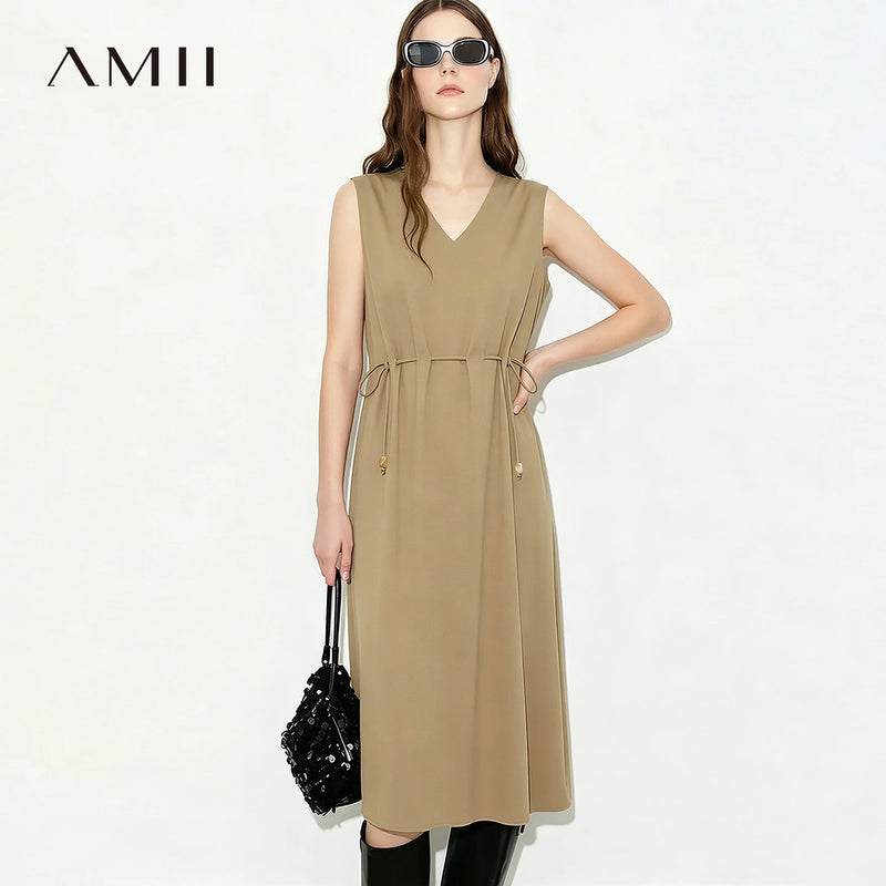 Amii V Neck Women's Dress 2026 Summer New Sleeveless Loose Drawstring Simple Office Casual A-Line Midi Dress For Women 12642155