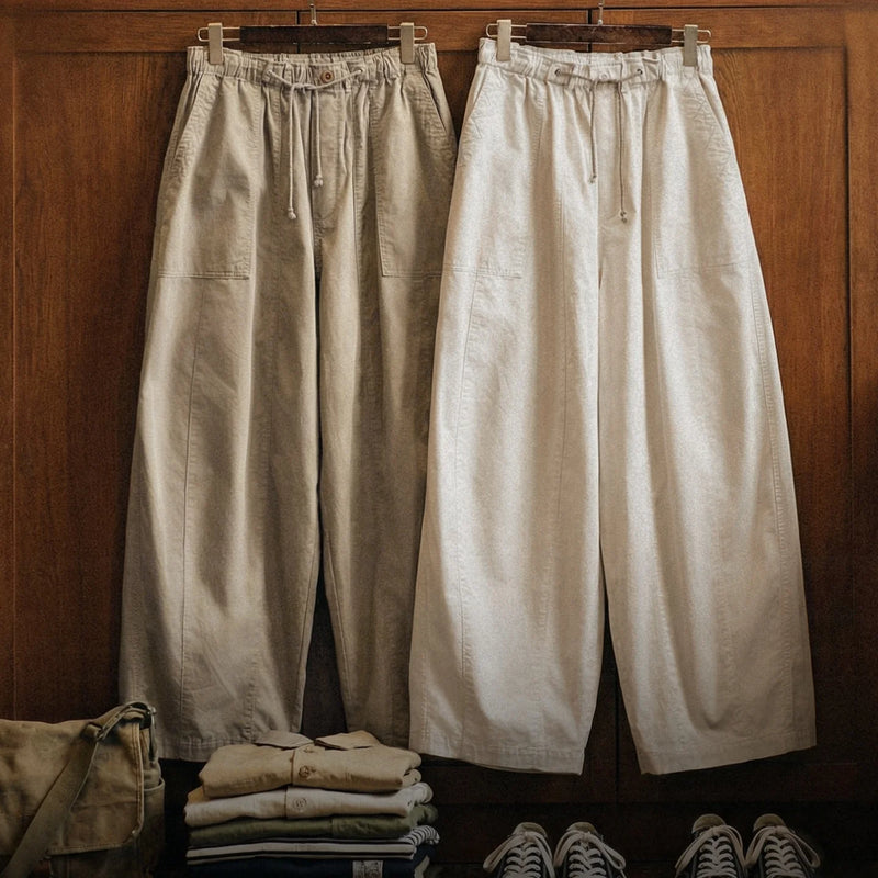 Maden Men‘s Vintage Harem Pants 100% Cotton Khaki Casual Drawstring Trousers Loose Fit Elastic Waist Pants for Spring/Autumn