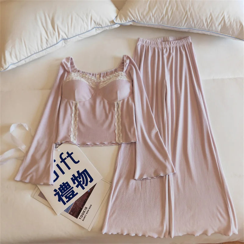 ឈុតគេងនារី Elegant Island Velvet Warm Women's Pajamas Set Chest Pad Top Home Suit For Women Nightwear Winter Sleepwear