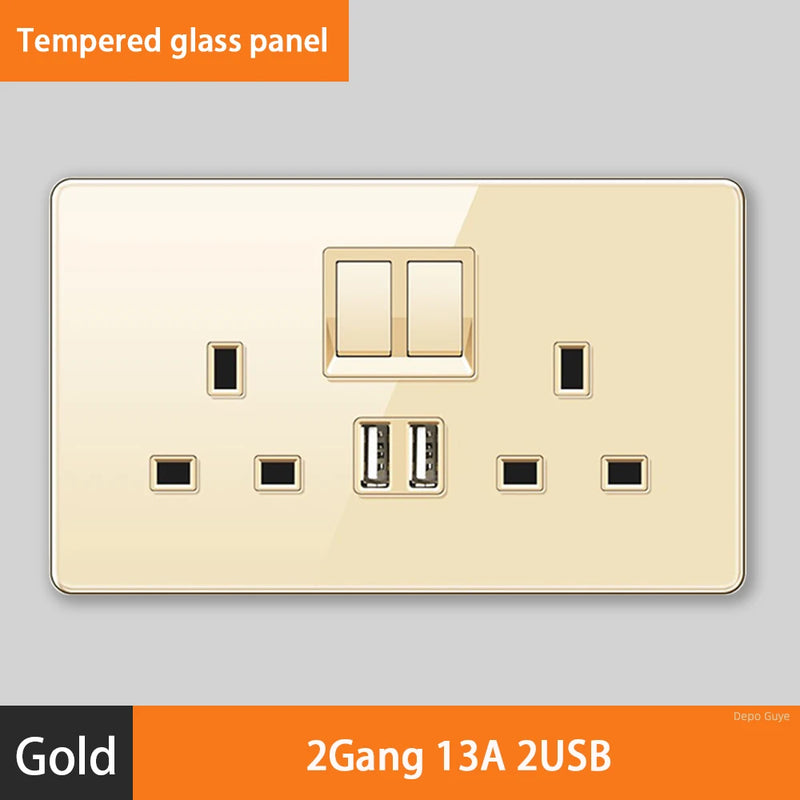 Luxury All Tempered Glass Wall Lamp Switch Button Golden UK Plug 13A Universal Wall Socket with Usb ,220V2gang2way Dimmer Switch