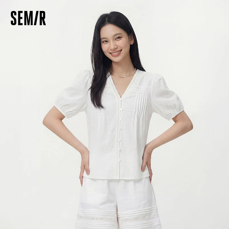 Semir Womens Shirt 2026 White Texture Puff Sleeve Ruffle V Neck Sweet Fashion Design Casual