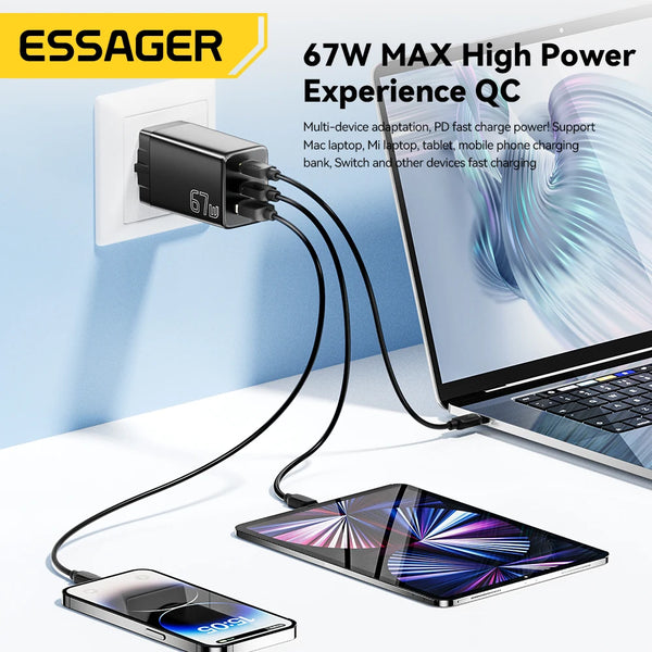 ឆ្នាំងសាក Essager GaN USB Type C 67W 45W 33W KR EU Plug សាកថ្មលឿនសម្រាប់ Samsung iPhone 16 15 14 Pro Huawei ទូរស័ព្ទ កុំព្យូទ័រយួរដៃ ឆ្នាំងសាក