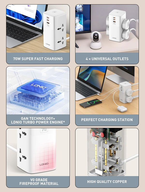 រន្ធដោតភ្លើង LDNIO 7 in 1 2500W Tower Power Socket 70W ស្ថានីយសាកថ្ម USB រន្ធដោតភ្លើង 2 រន្ធ USB-C 2 រន្ធ USB-A ខ្សែបន្ថែម