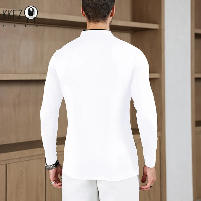 2025 New Men's Casual and Fashionable Solid Color Long Sleeved Stand Up Collar T-shirt Summer Versatile and Comfortable Top