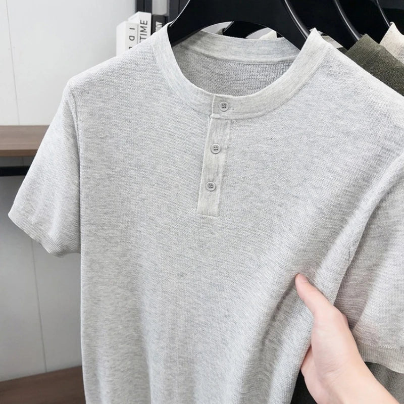 Breathable Men's Linen Blend Short Sleeve Henley - Tencel Ribbed Knit | Summer Casual Solid Color Tee