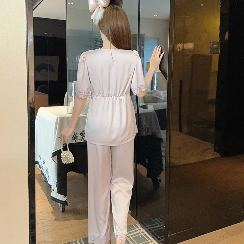 Silk Loungewear for Summer Pajamas Short Sleeve Sleepwear Women's Home Clothes 2Pcs Solid Color Homewear Suit Pijama Pyjamas
