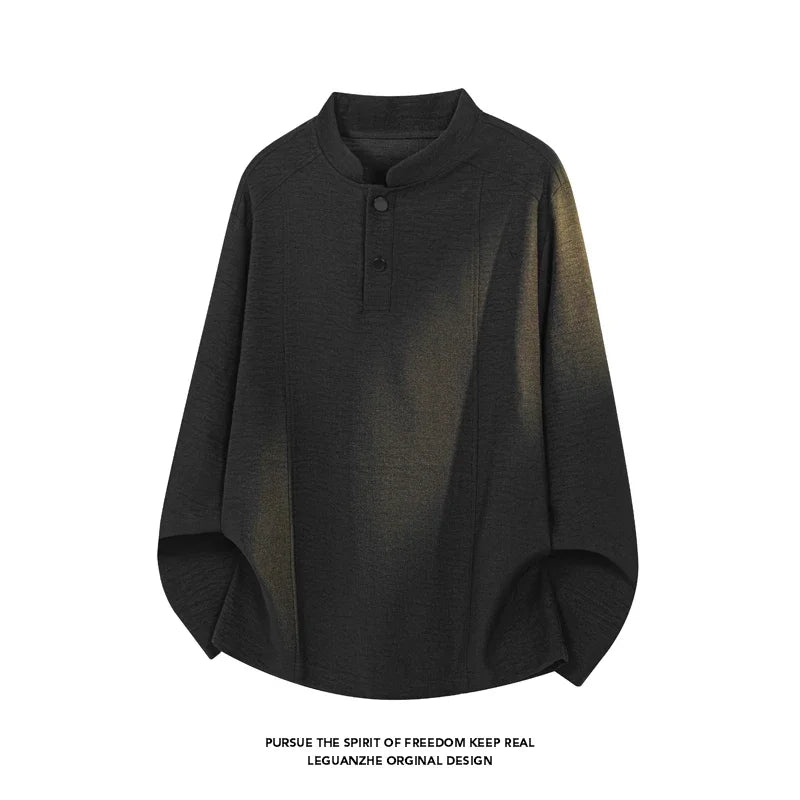 Mens Stand Collar Long Sleeve Top Partial Button Closure Decorative Seam Craft Loose Fit For Office Commute Leisure Outfit