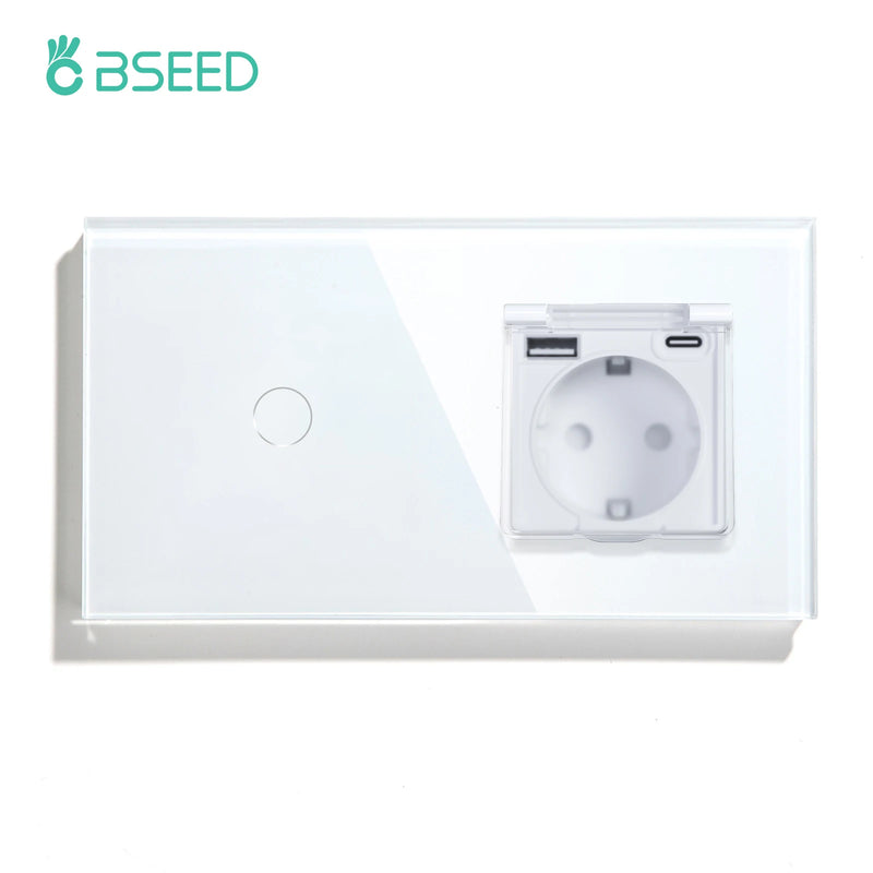 BSEED Touch Light Switch 1/2/3Gang 1Way EU Socket With Cover Glass Panel 300W Power Led Switches Waterproof USB Type-C Socket