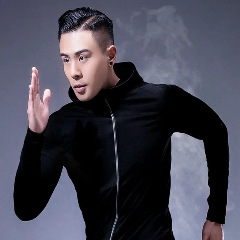 Men's Spring Fall Tight Compression Hooded Jacket Sports Hoodie for Fitness Jogging Running Outdoor Casual Wear, Black Grey Blue