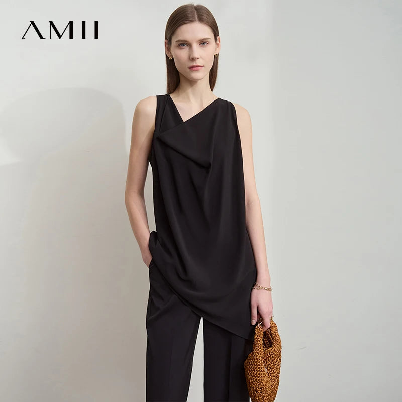 AMII Women Minimalist Elegant Summer Blouse 2026 Solid Sleeveless Casual Tank Tops Lady New Fashion Chiffon Vest Woman 12542019
