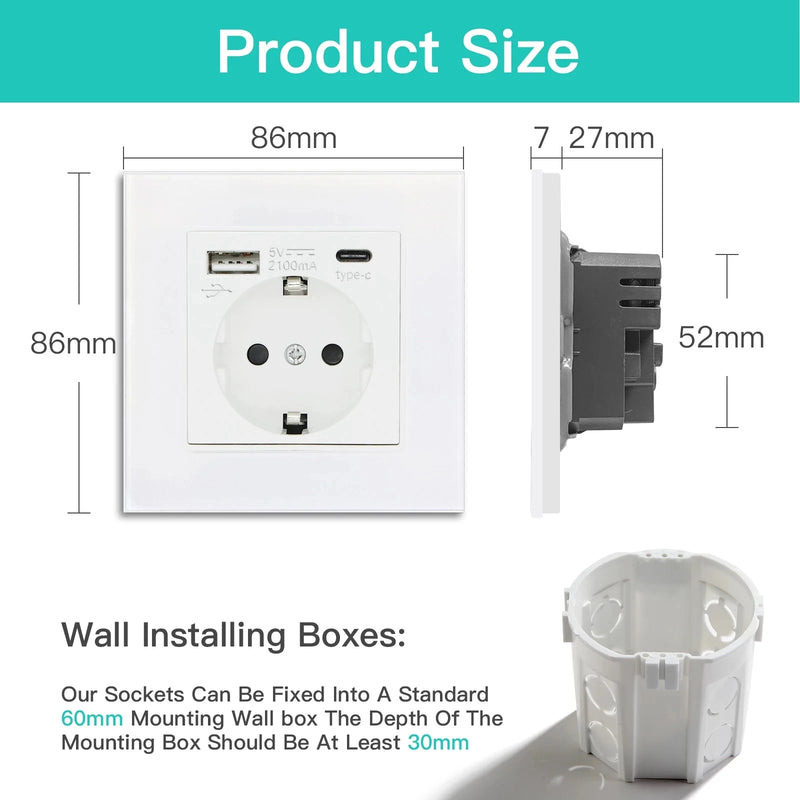 BSEED EU Standard Sockets Single Wall Socket Double Frame Socket with USB Outlets Glass Panel Triple Type-C Sockets For Home