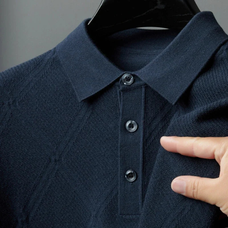 Solid color geometric pattern POLO  men's business casual daily commute warm wool sweater, high-quality men's woolen sweater.